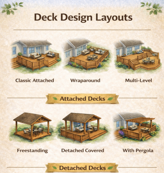 Illustration of various deck design layouts