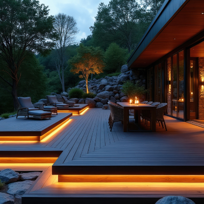 Multi-level deck with stairs and seating areas