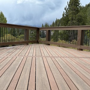 Multitoned composite deck with dark oak and metal railing overlooking pine forest